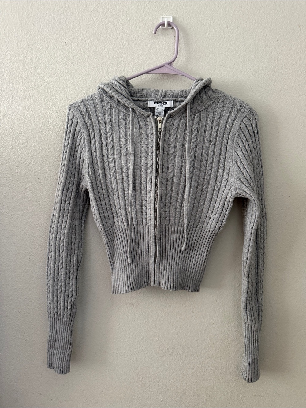 RSQ Gray Cable-Knit Zip Hoodie Cardigan